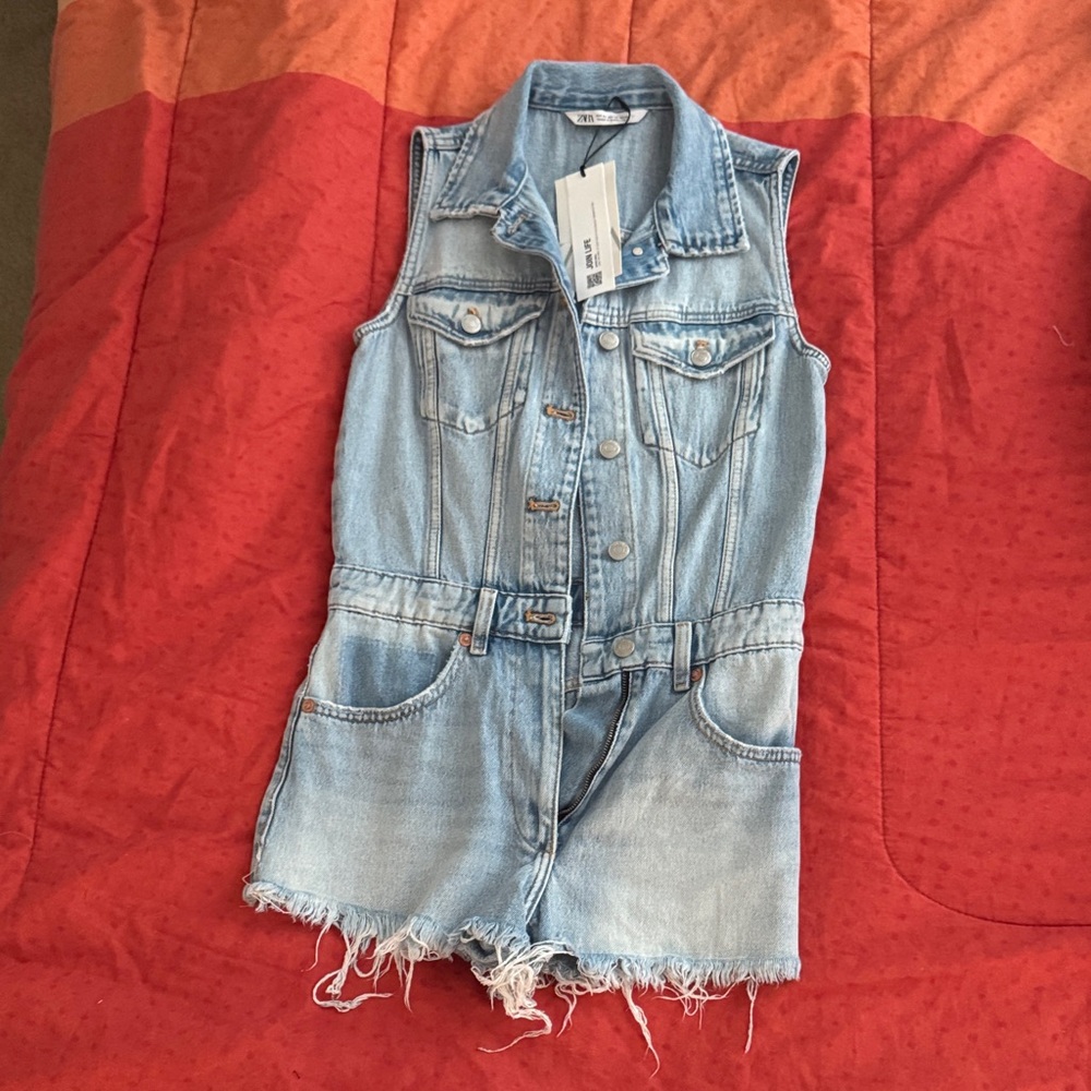 ZARA denim sleeveless jumpsuit sz xs NWT